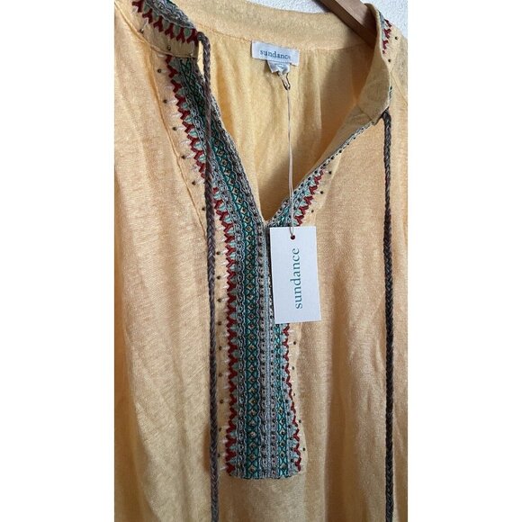 Sundance Catalog Embroidered Top Yellow Beaded Tassel Linen Long Sleeve, Large - Picture 4 of 6